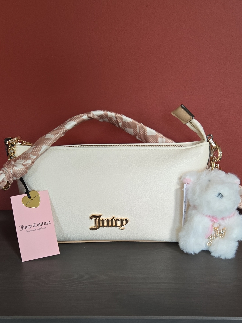 Juicy Couture Cream Leather Shoulder Bag with Plush Charm
